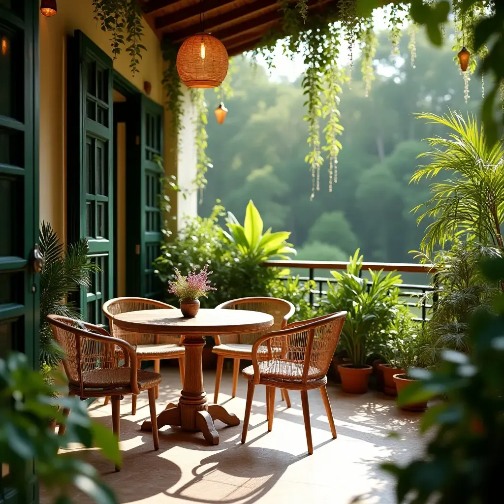 a photo of a balcony with a small dining area surrounded by lush greenery