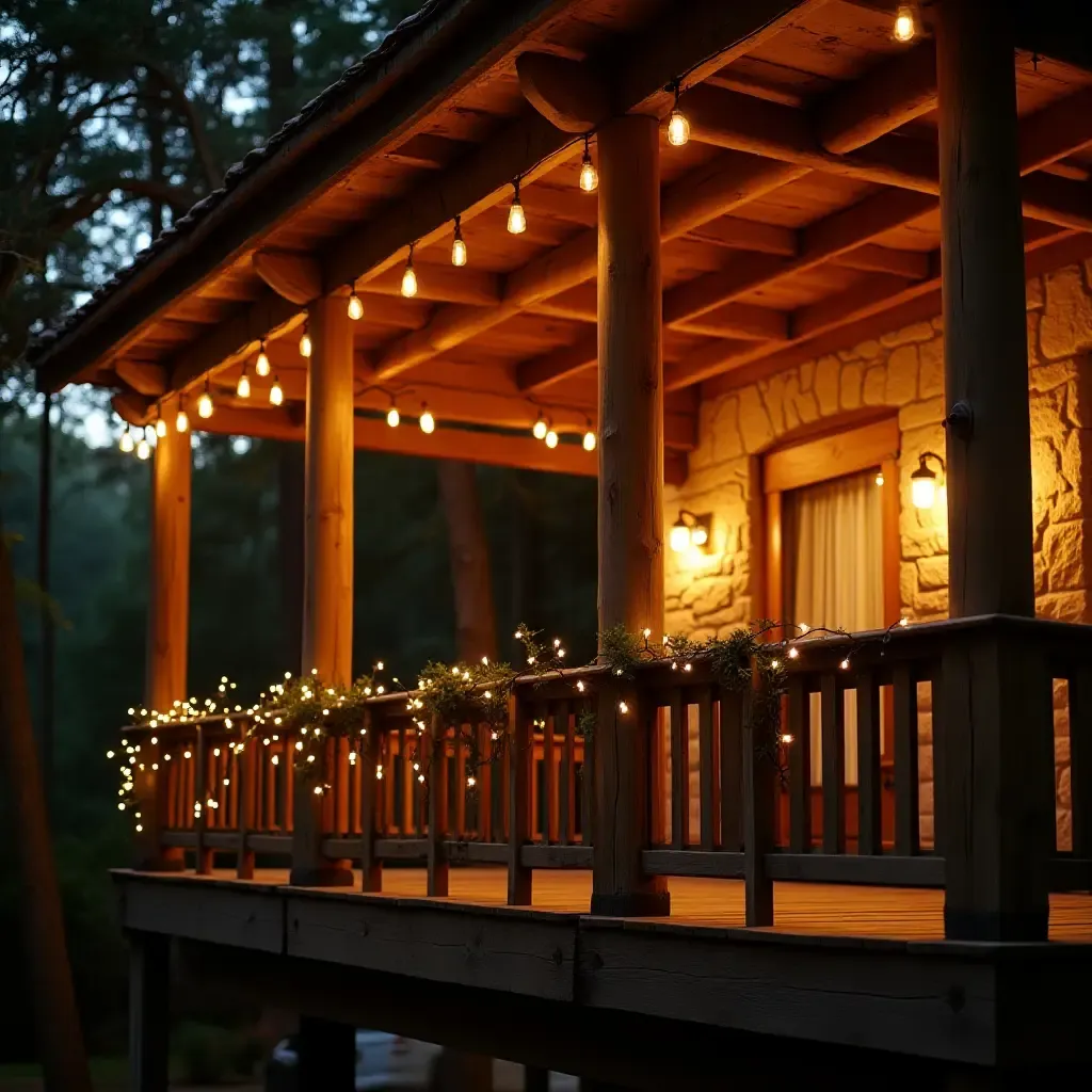 a photo of a balcony with wooden beams and hanging lights