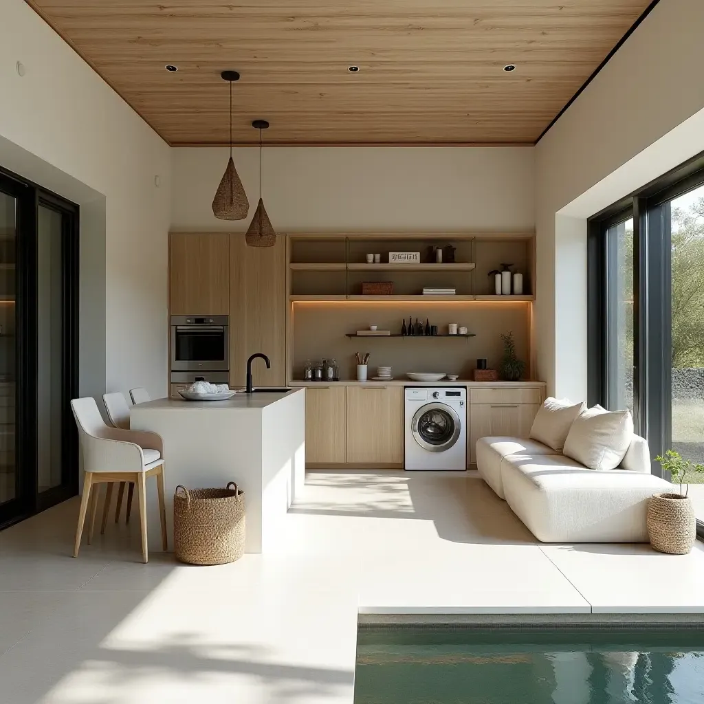 a photo of a spacious outdoor laundry area with a multifunctional island and stylish seating