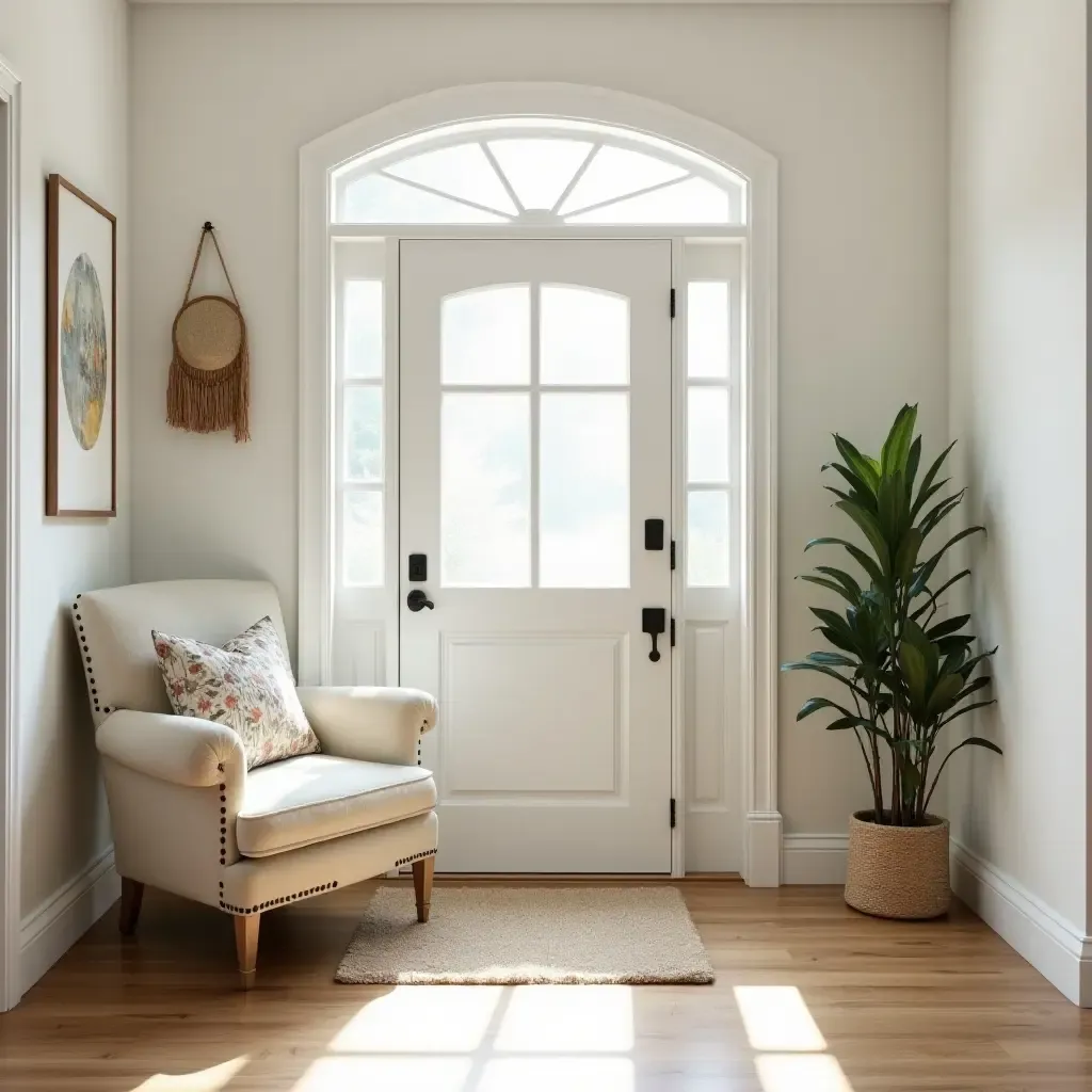 a photo of a bright entryway with a cozy corner chair and decorative plants