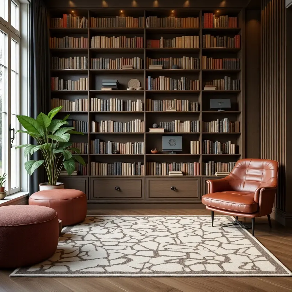 a photo of a library with a stylish rug and organized reading area