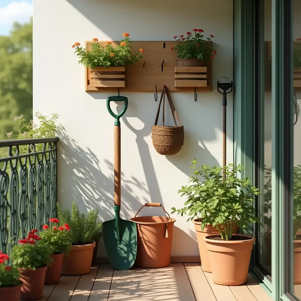 a photo of a bright balcony with decorative hooks and organized gardening tools