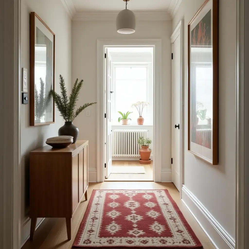 a photo of a retro rug adding warmth to a narrow hallway