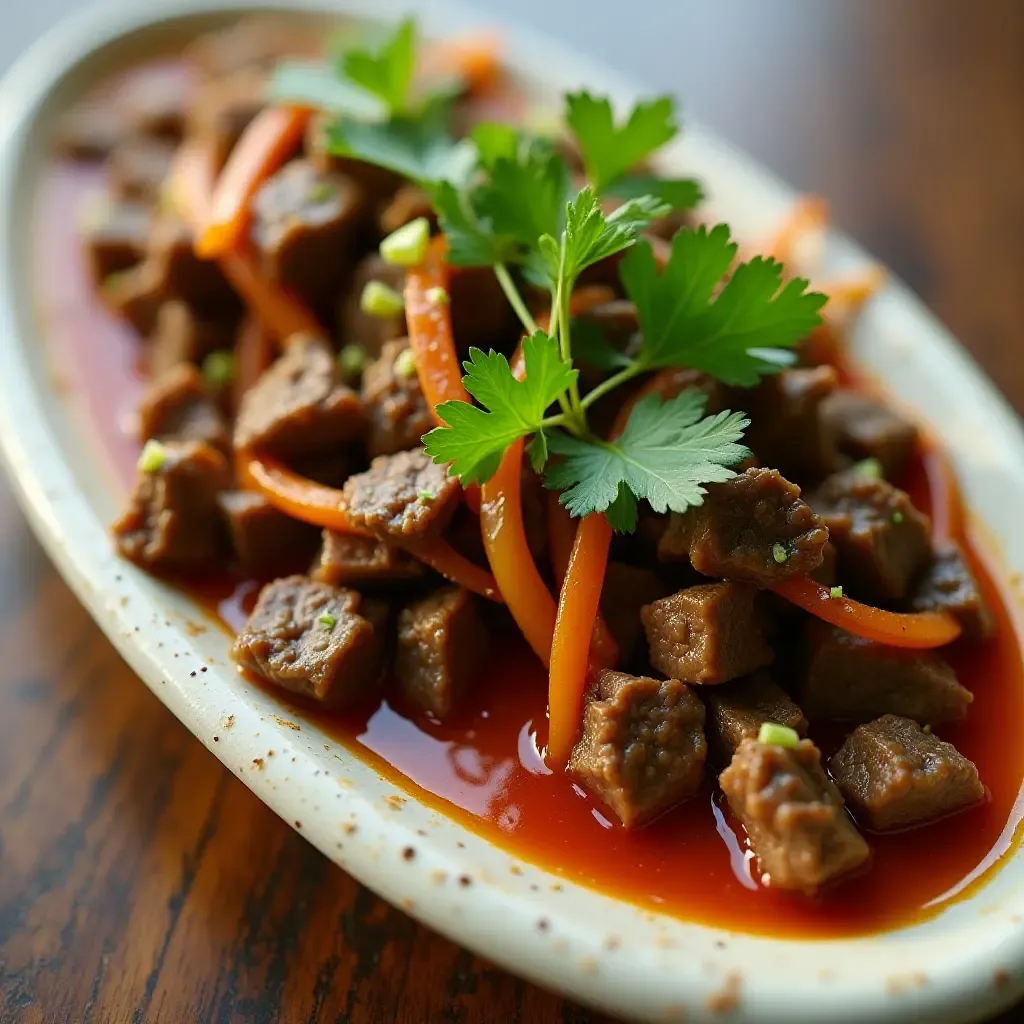 a photo of a spicy Thai beef salad with lemongrass and cilantro.