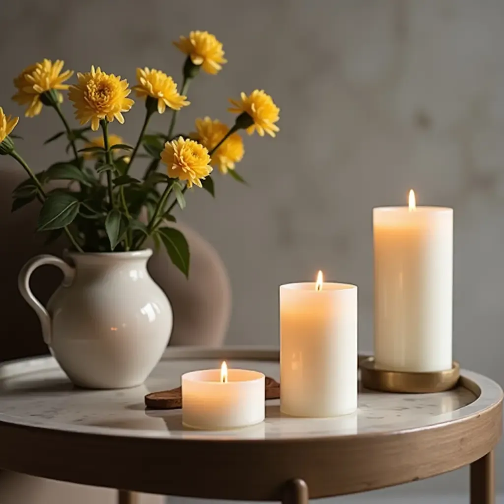 a photo of a chic coffee table adorned with candles and flowers