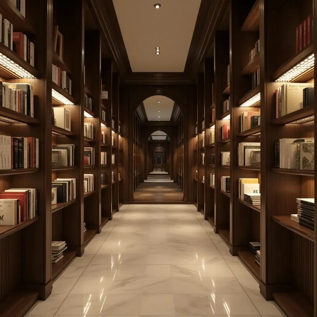 a photo of a chic library with mirrored light fixtures