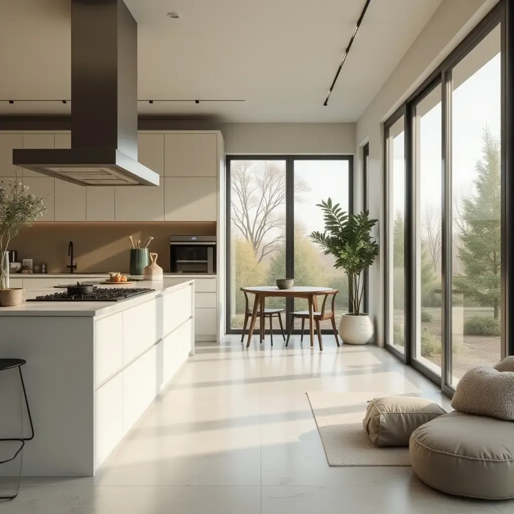 a photo of a spacious kitchen with large windows and a neutral color palette