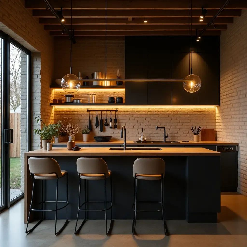 a photo of a cozy kitchen with warm lighting and industrial elements