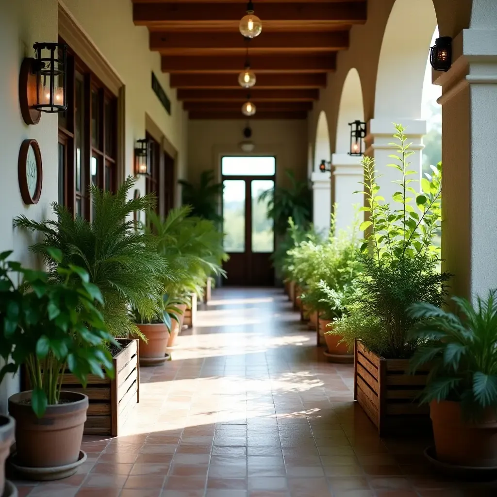 a photo of a corridor with plants arranged in vintage crates