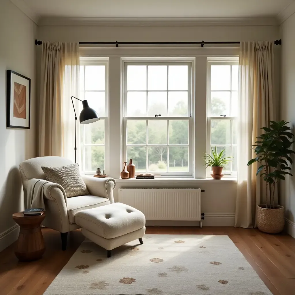 a photo of a farmhouse bedroom with a large, comfy chair and reading light