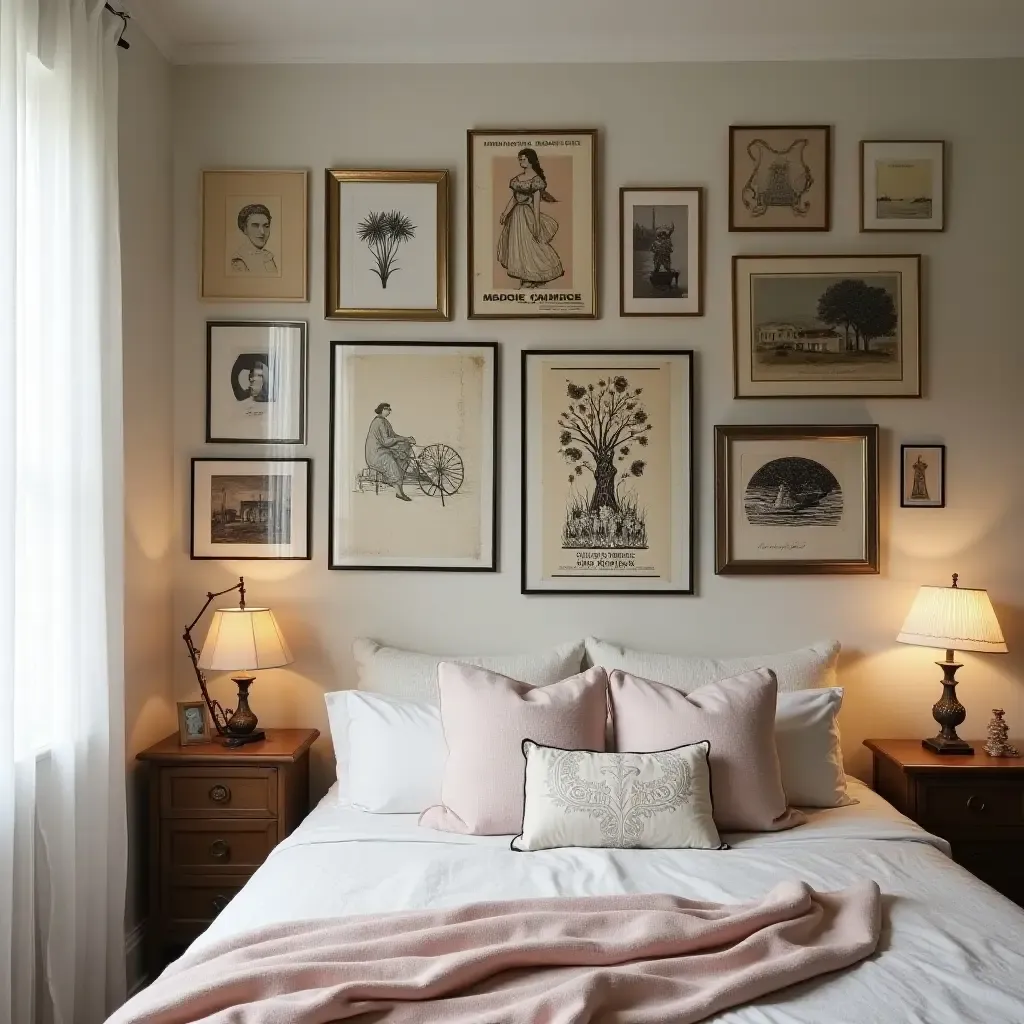 a photo of a vintage gallery wall with retro posters and antique frames in a chic teen bedroom