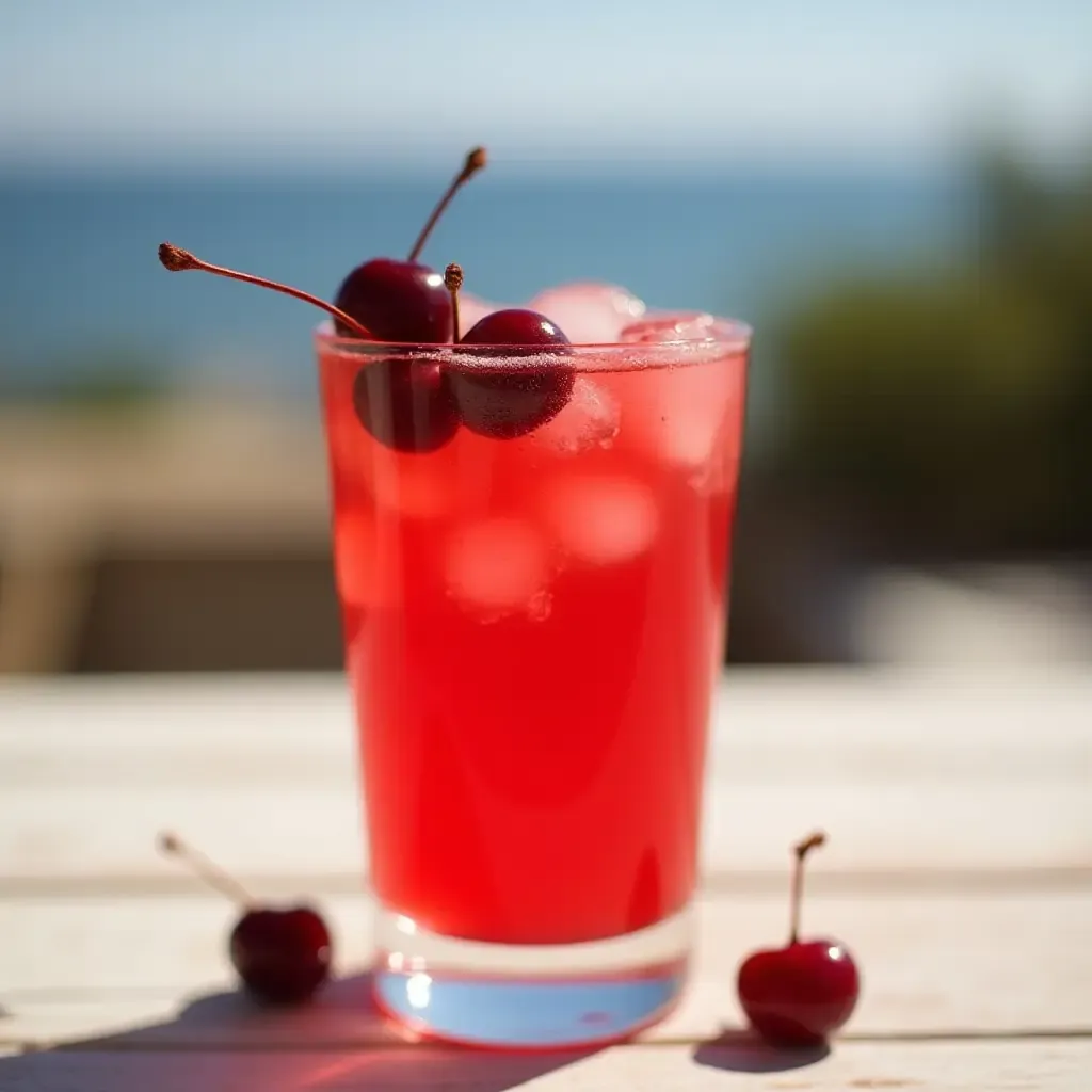 a photo of a glass of sour cherry soda, garnished with fresh cherries, on a sunny Greek terrace.