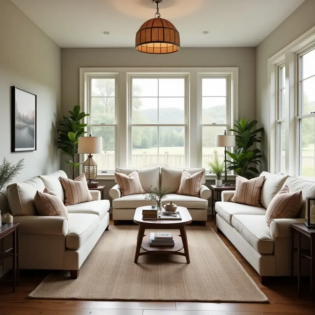 a photo of a charming living room with vintage finds and farmhouse elements