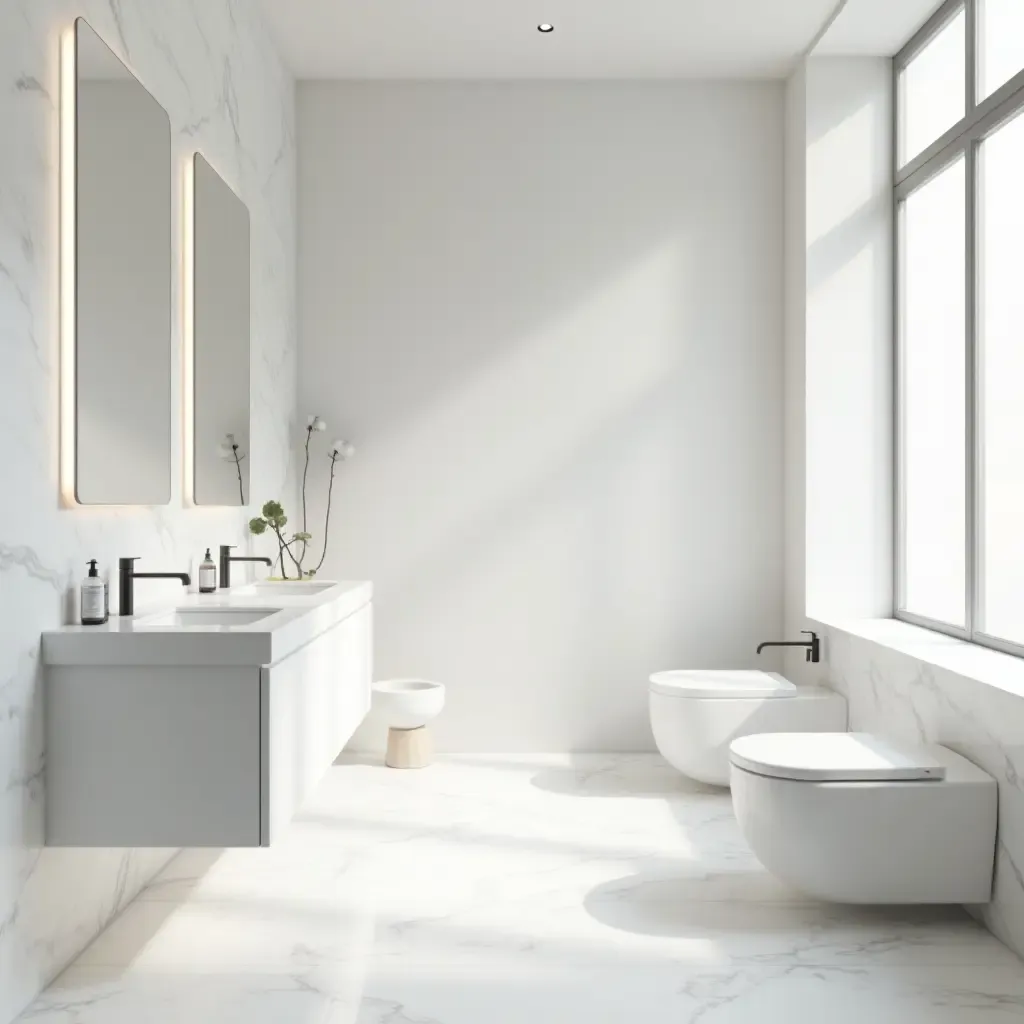 a photo of a minimalist bathroom with white marble and soft natural light