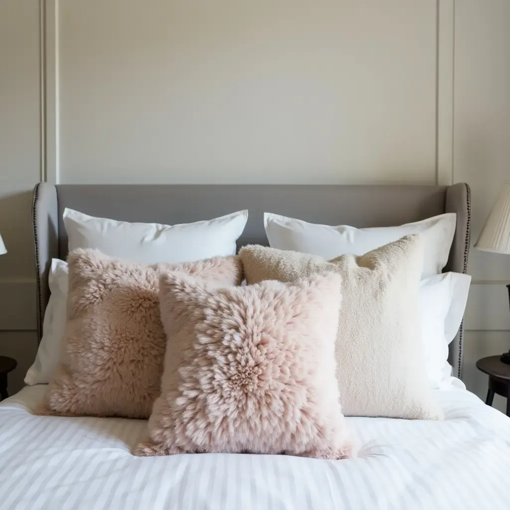 a photo of a chic Parisian bedroom with stylish throw pillows