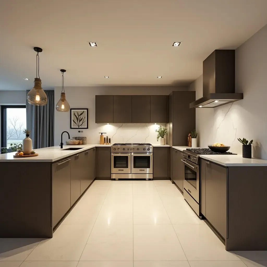 a photo of a basement kitchen area with efficient layout and modern appliances