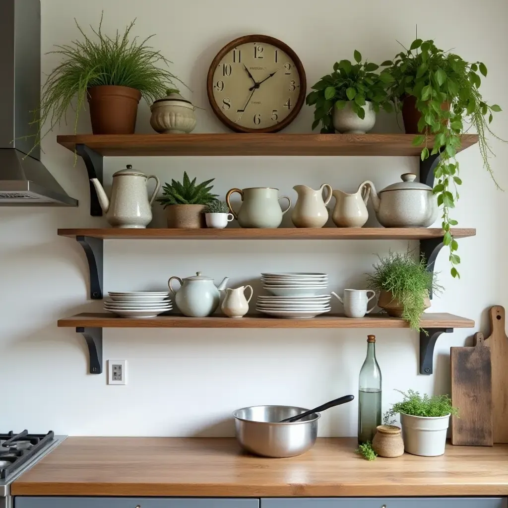 a photo of rustic open shelving adorned with vintage kitchenware and fresh herbs