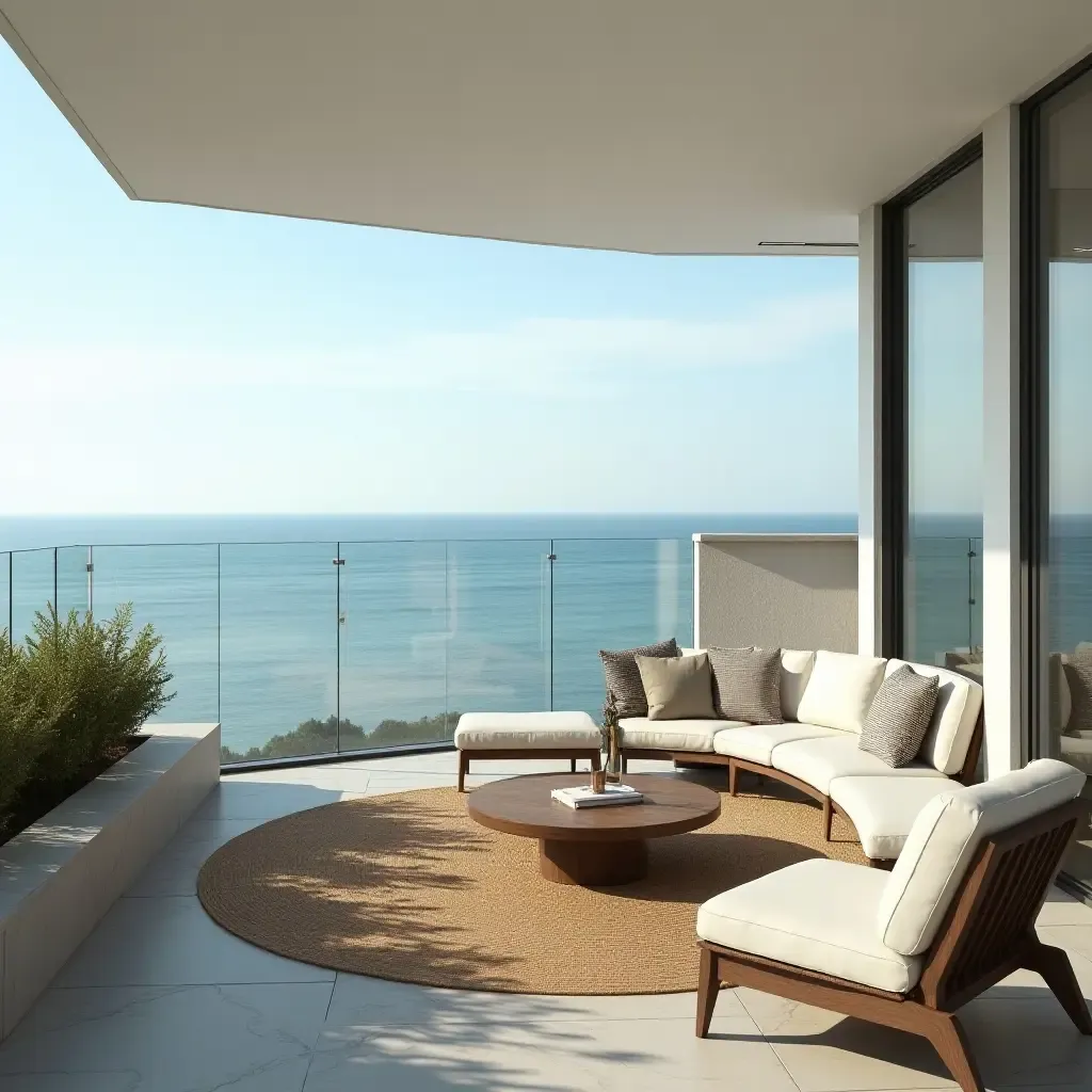 a photo of a balcony with a relaxing lounge area and ocean-inspired decor