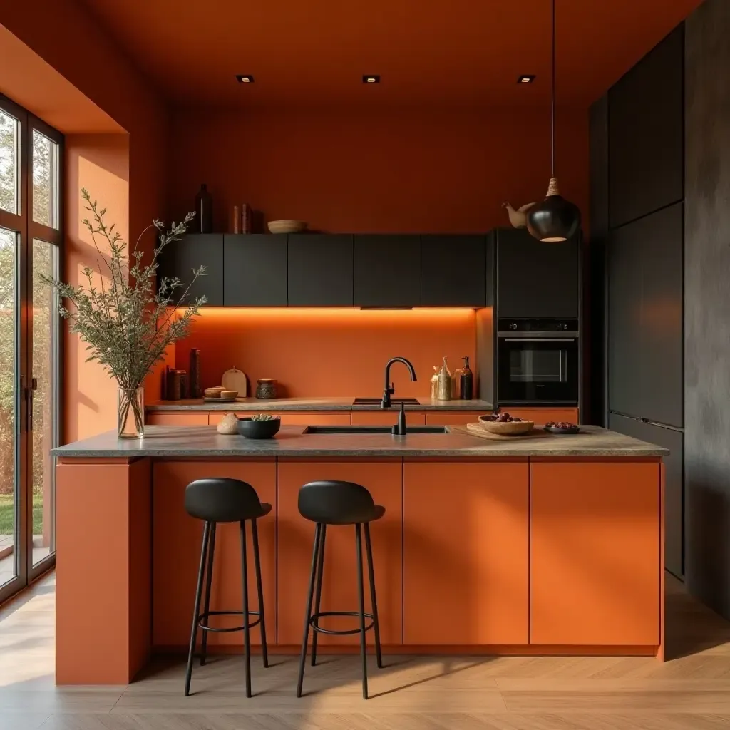 a photo of a bold orange and dark brown kitchen with earthy elements