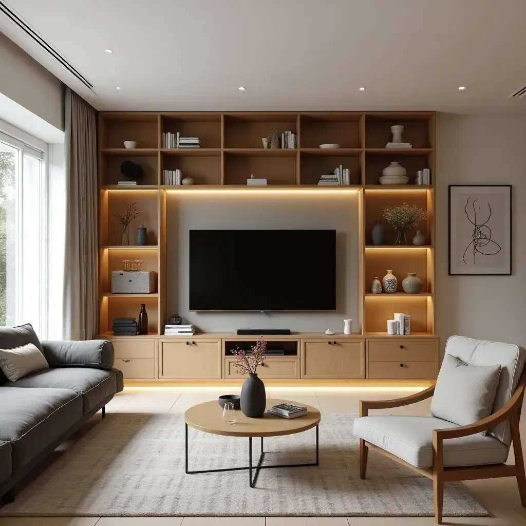 a photo of a vibrant living room with unique storage solutions