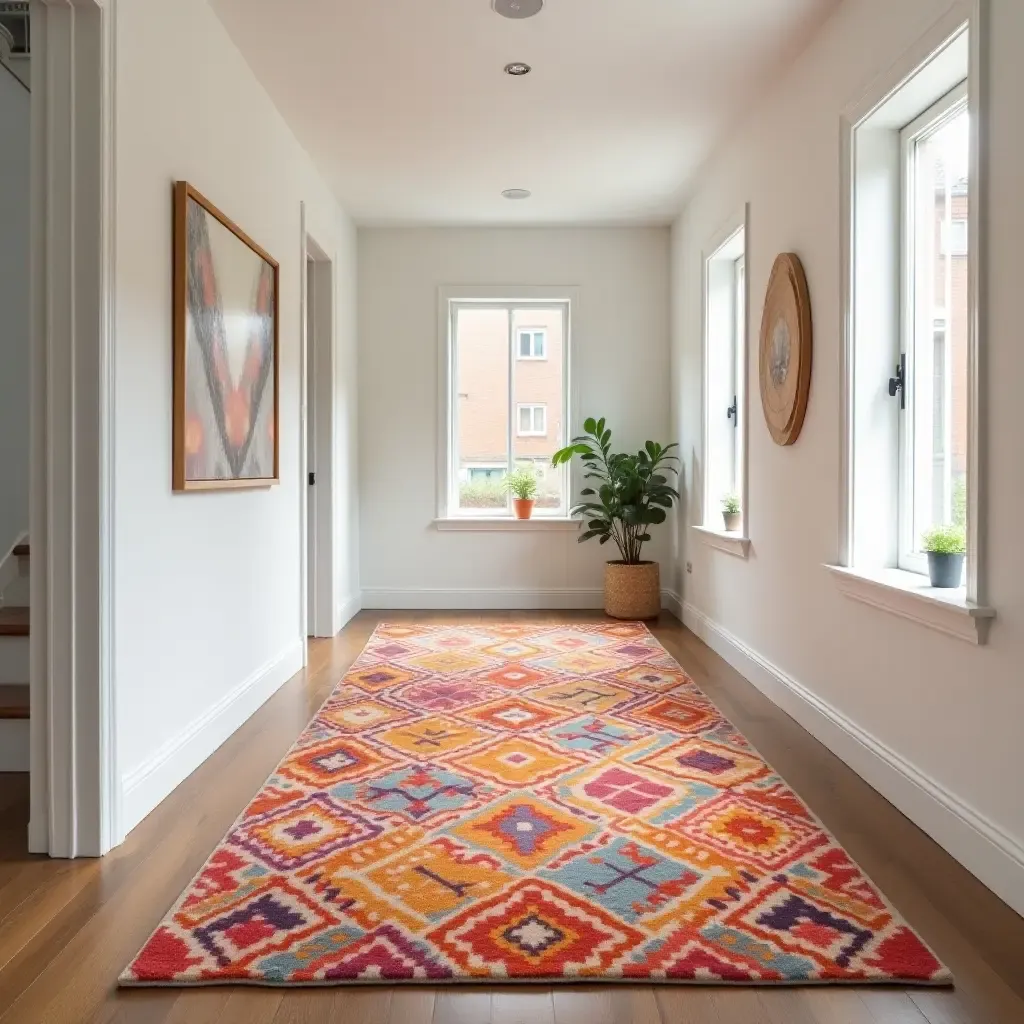 a photo of a bright, patterned rug with geometric shapes in a hallway