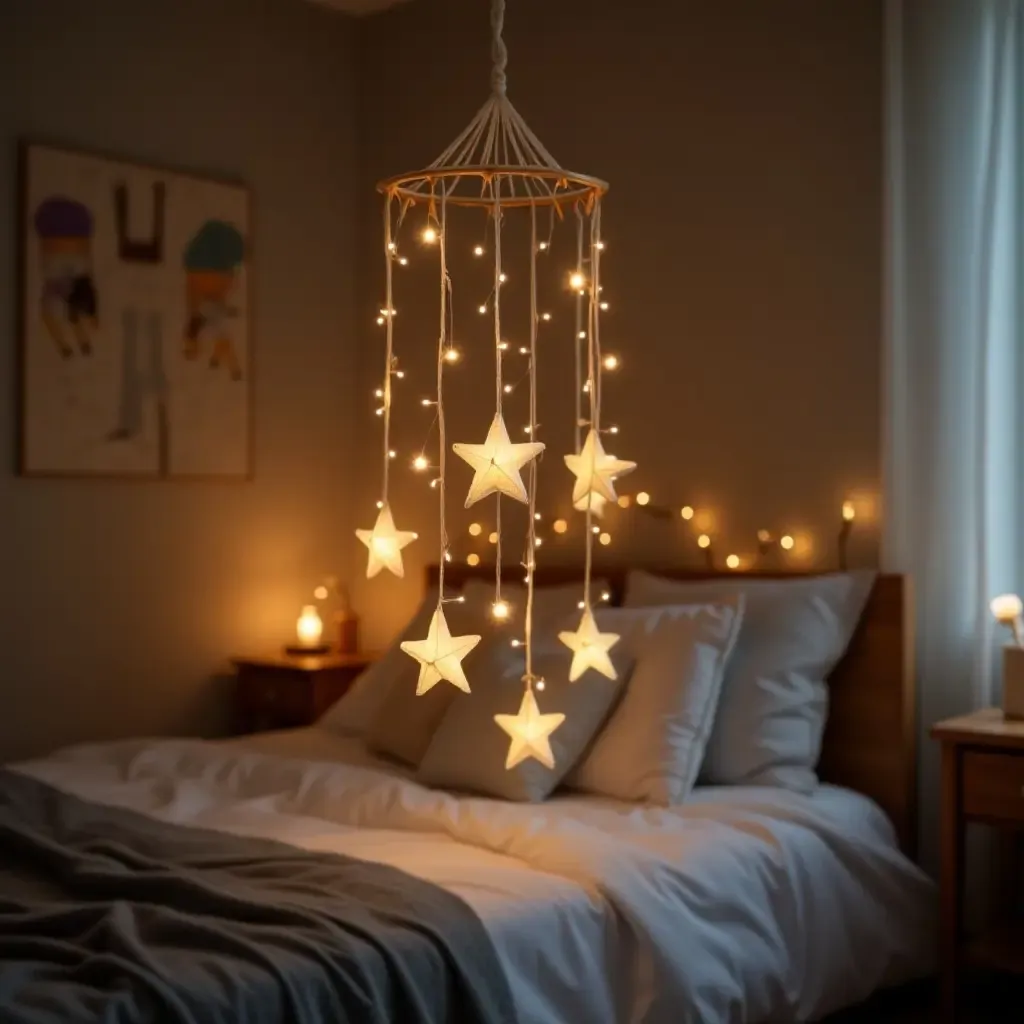 a photo of a whimsical mobile hanging above a bed with fairy lights