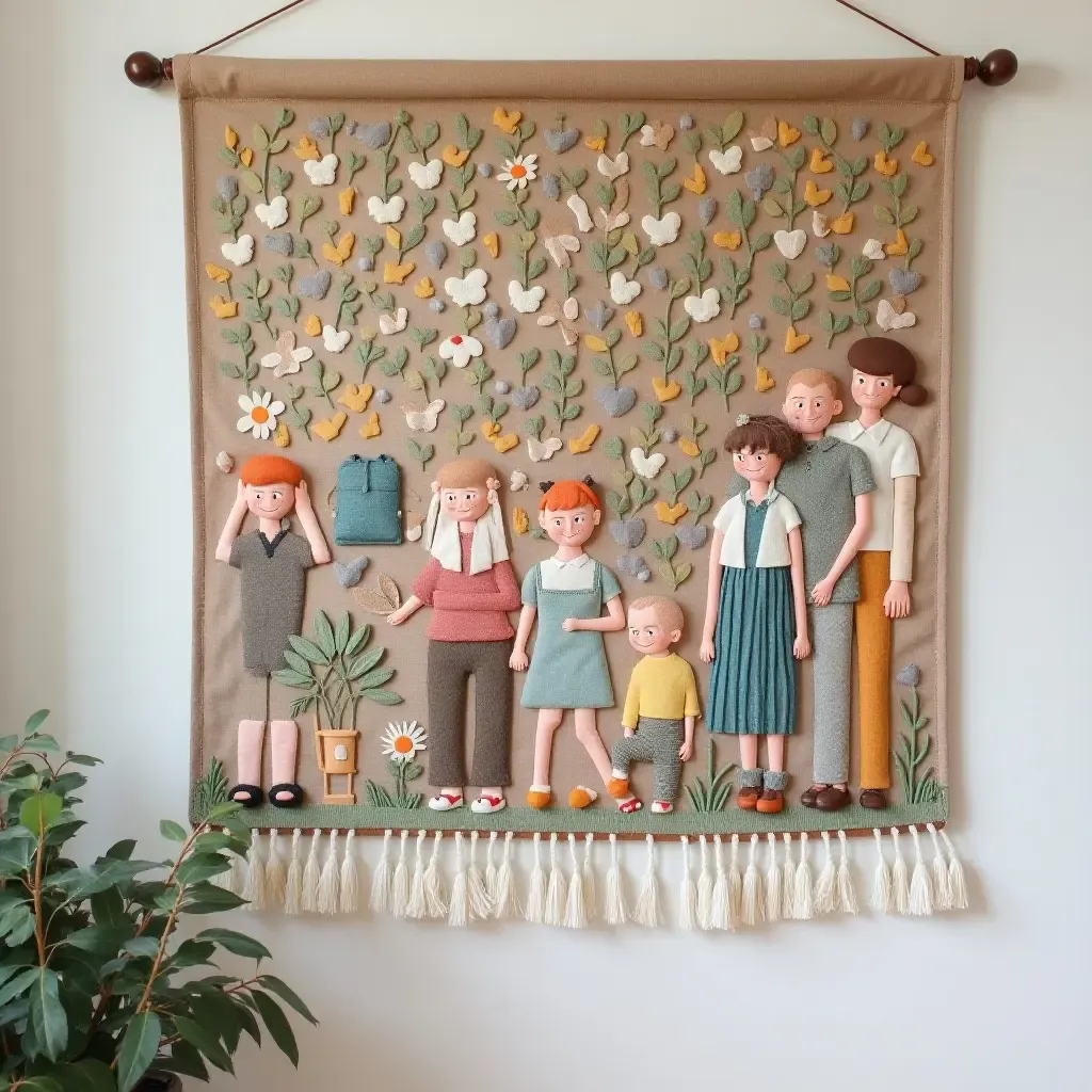 a photo of a fabric wall hanging showcasing family achievements