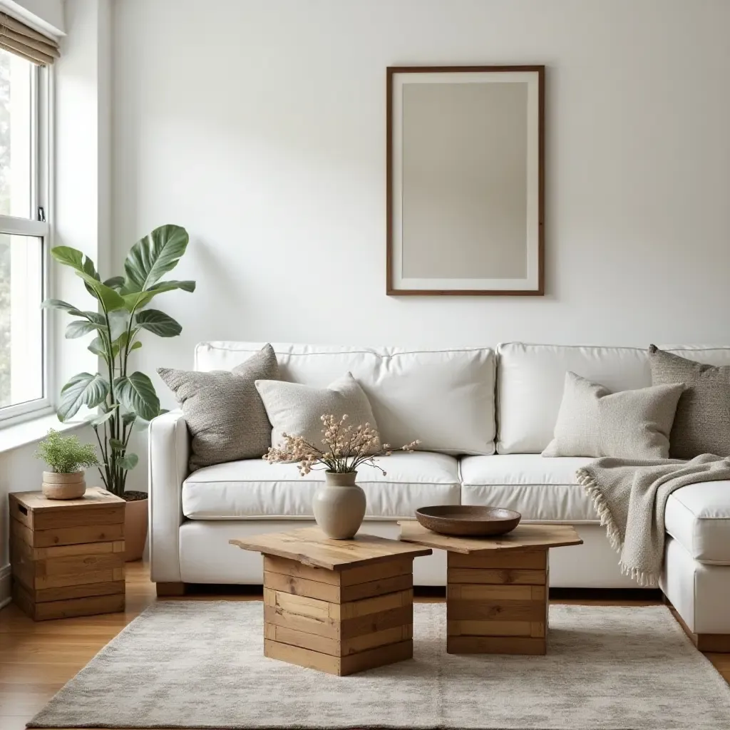 a photo of a charming living room with vintage crates used as side tables