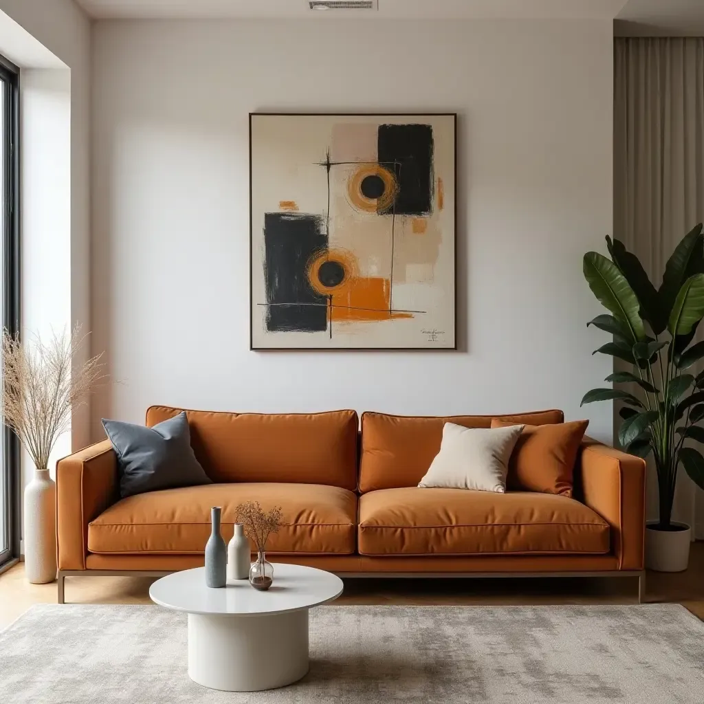 a photo of a modern living room with a cognac couch and abstract wall art