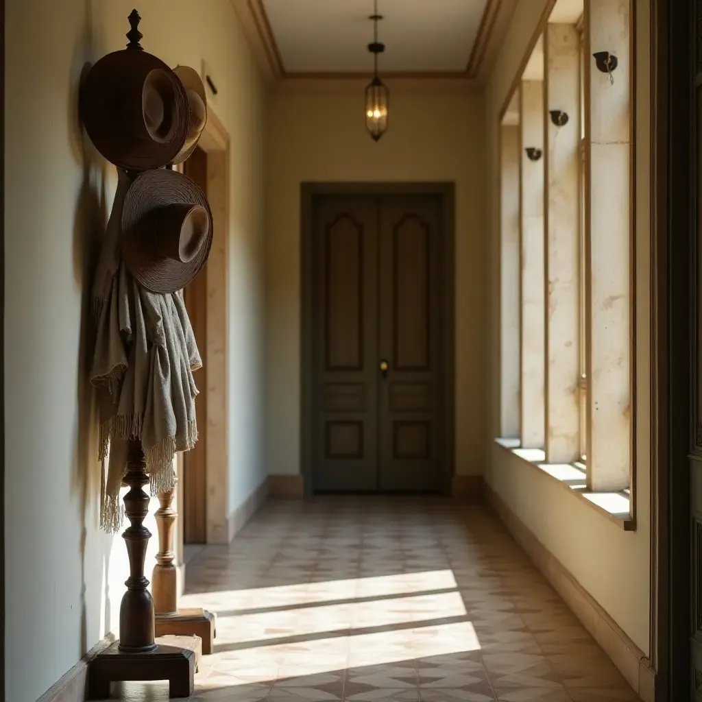 a photo of a vintage hat stand in a charming corridor