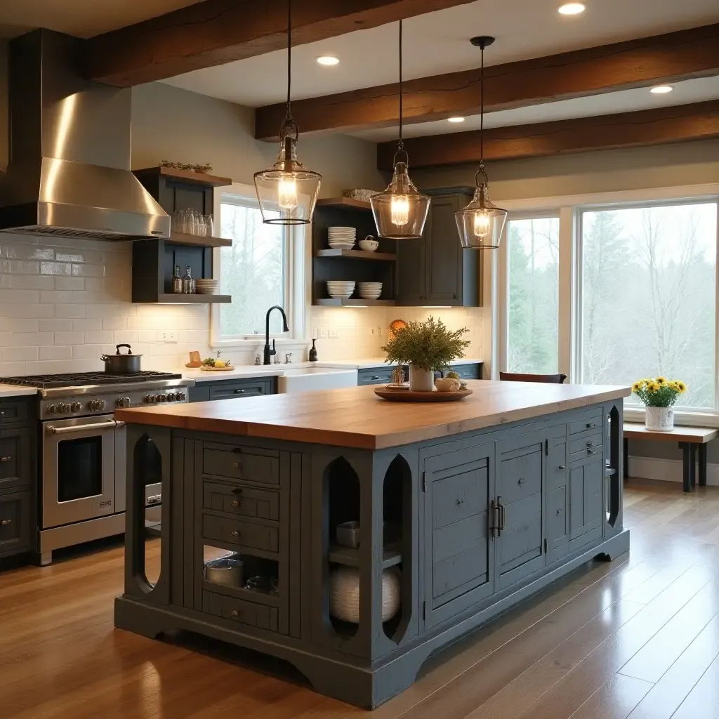 a photo of a kitchen with a distressed metal workbench as an island