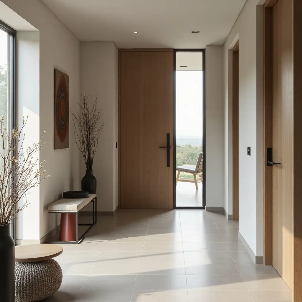 a photo of a stylish entrance hall with a mix of textures and minimalist accessories