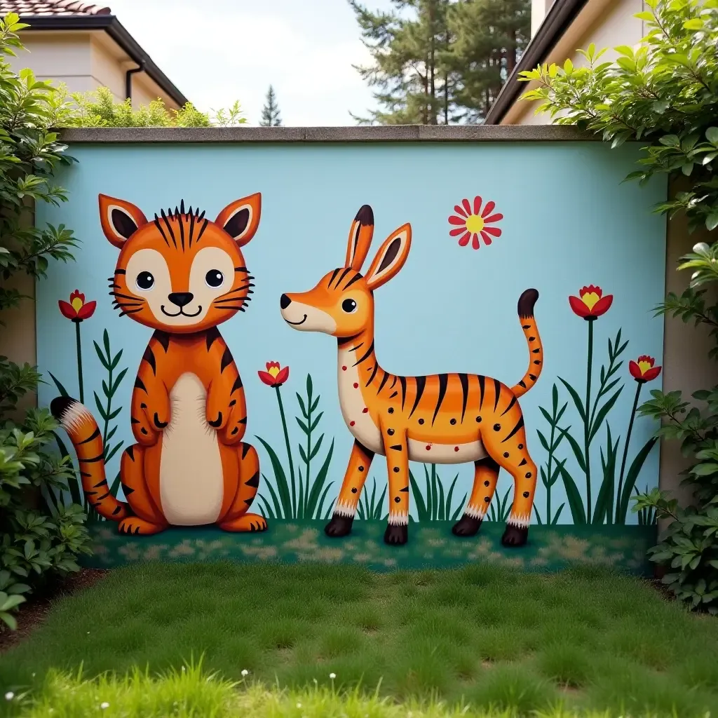 a photo of a whimsical animal mural on a garden wall