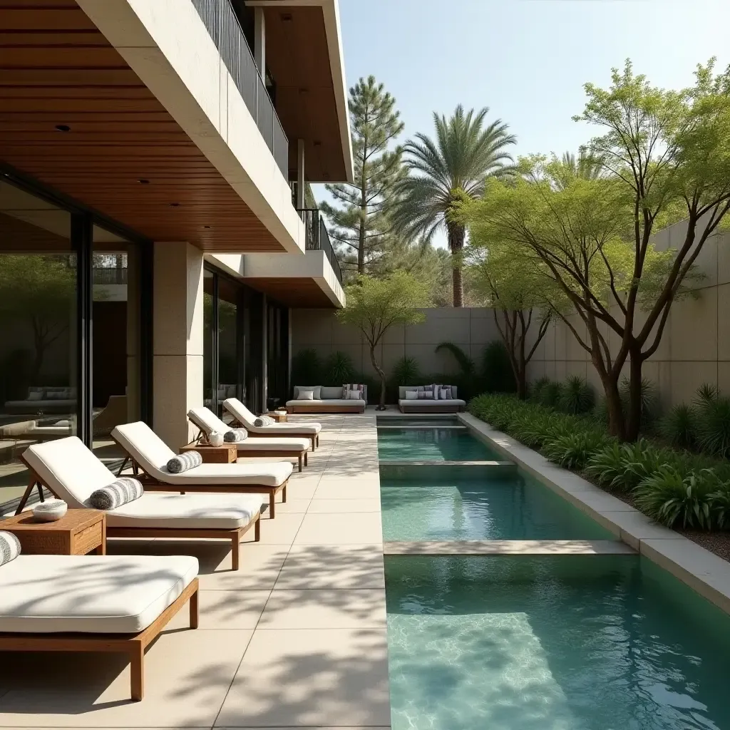 a photo of a serene lounge with water features and comfortable seating