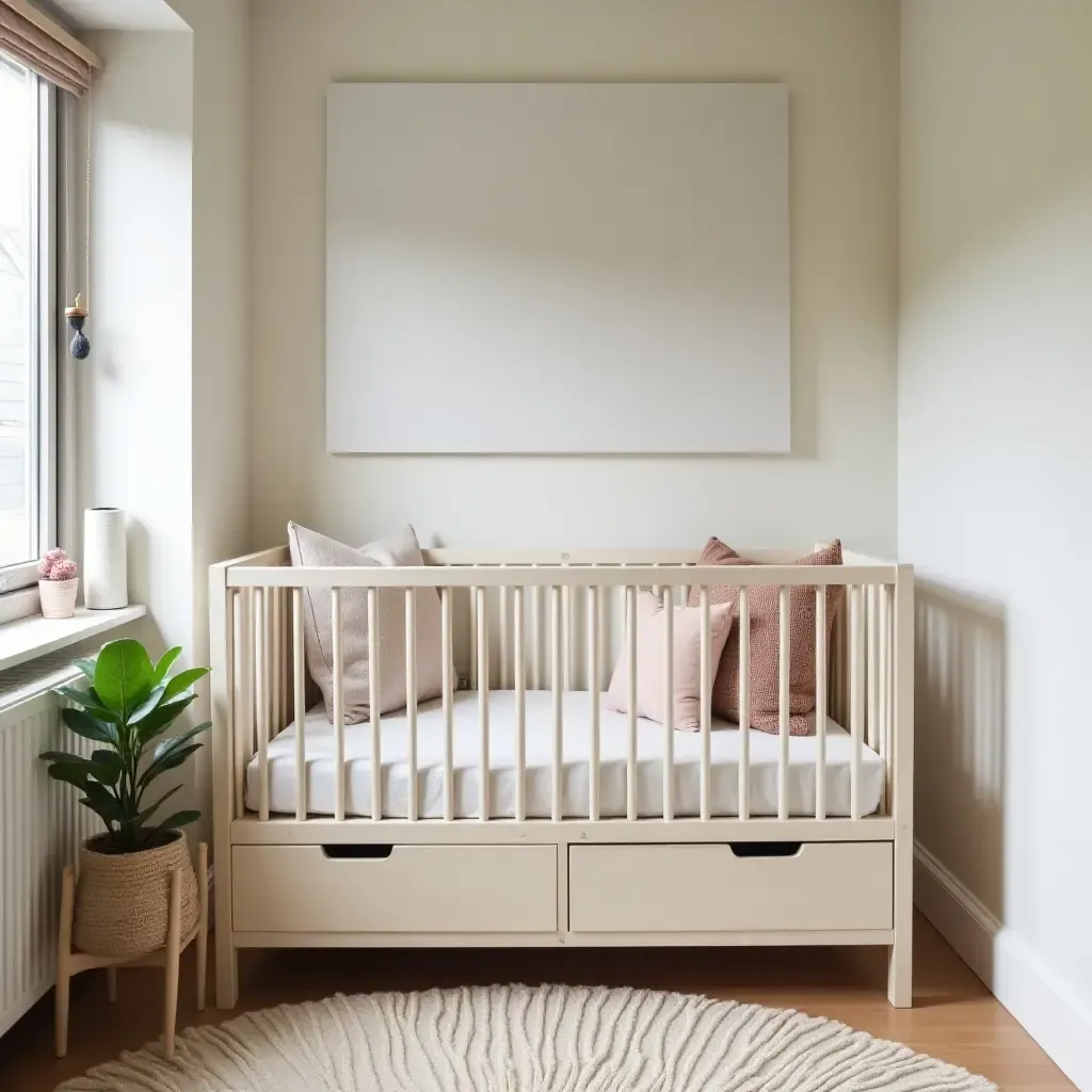 a photo of a small nursery with clever storage solutions under the crib