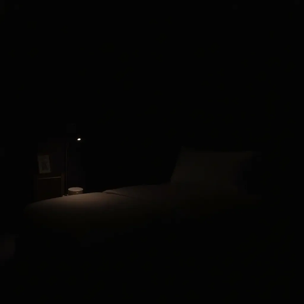 a photo of a dark, moody bedroom with soft, dim lighting