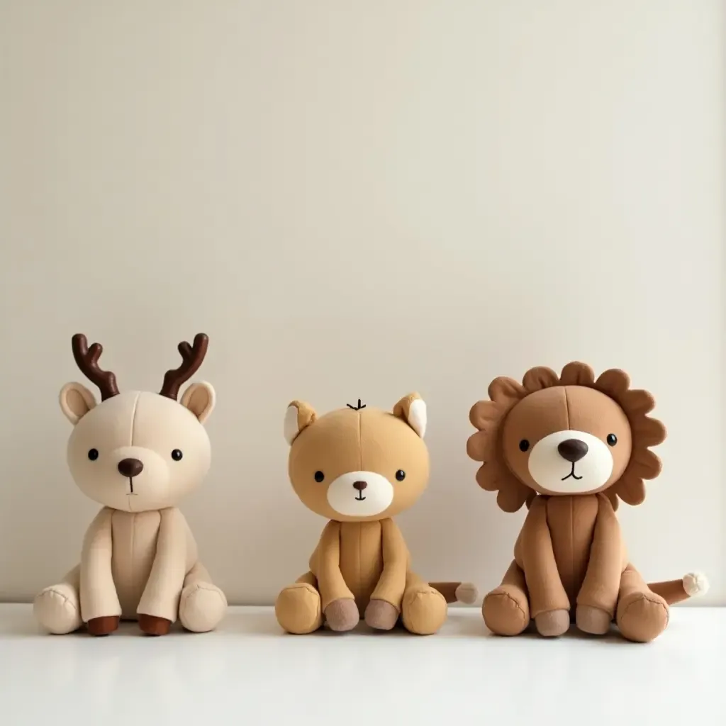 a photo of a nursery featuring wooden animal plush toys