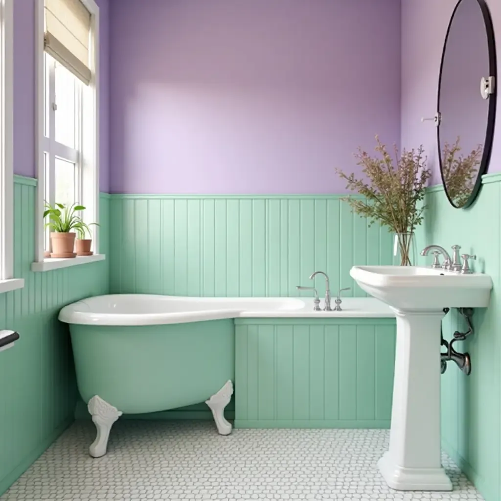 a photo of a vintage-inspired pastel purple and mint green bathroom