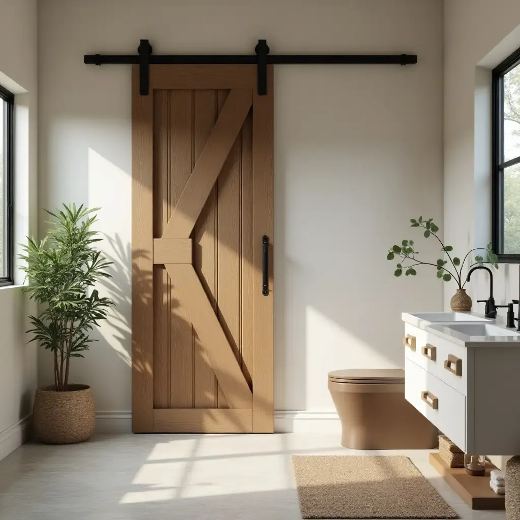 a photo of a bathroom with a sliding barn door and natural elements