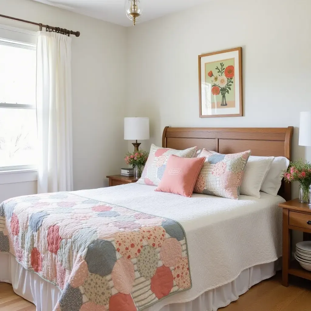 a photo of a welcoming farmhouse bedroom with a patchwork quilt and floral pillows