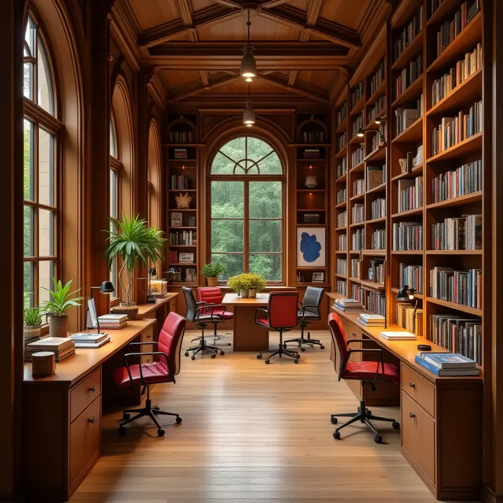 a photo of a library with wooden furniture and bright artwork