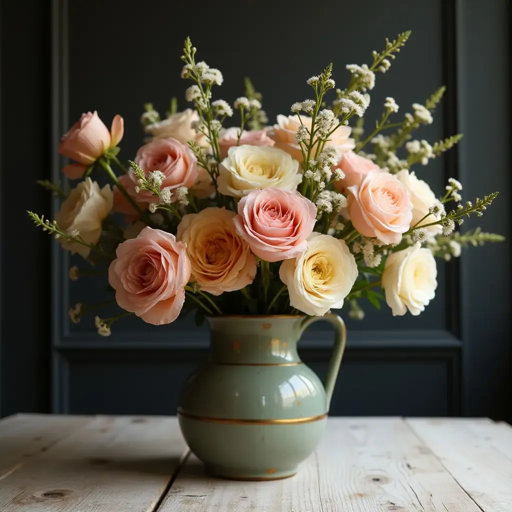 a photo of a beautiful floral arrangement in a vintage vase on a table