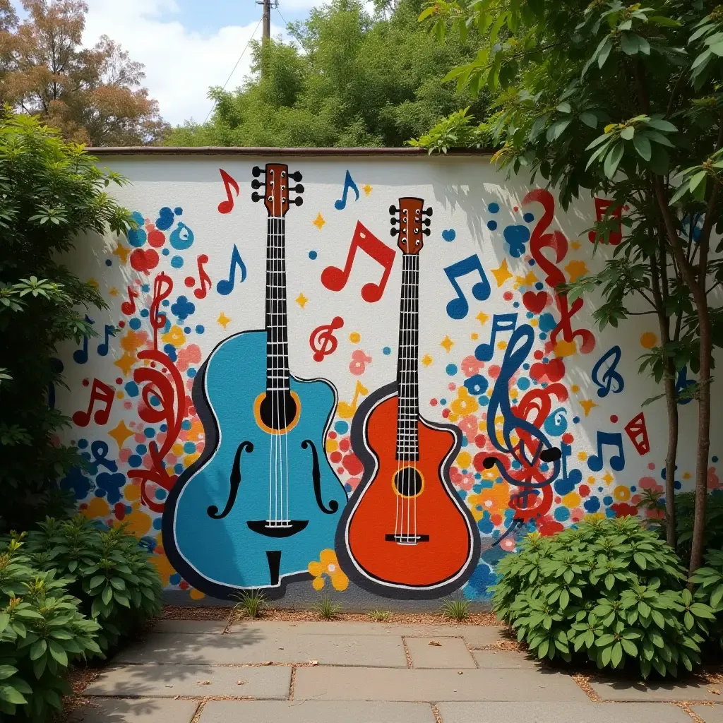 a photo of a mural with musical notes and instruments in a garden