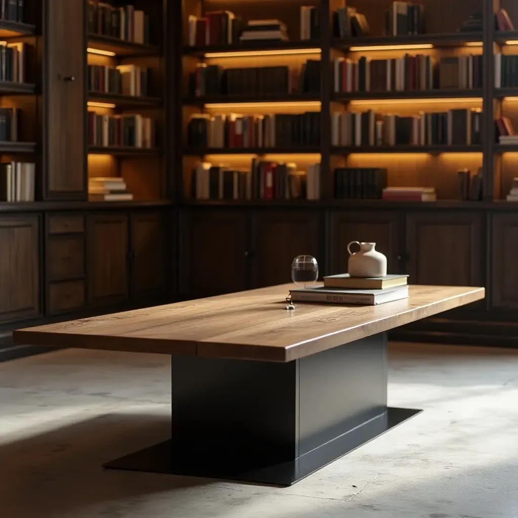 a photo of a library with a steel and wood coffee table