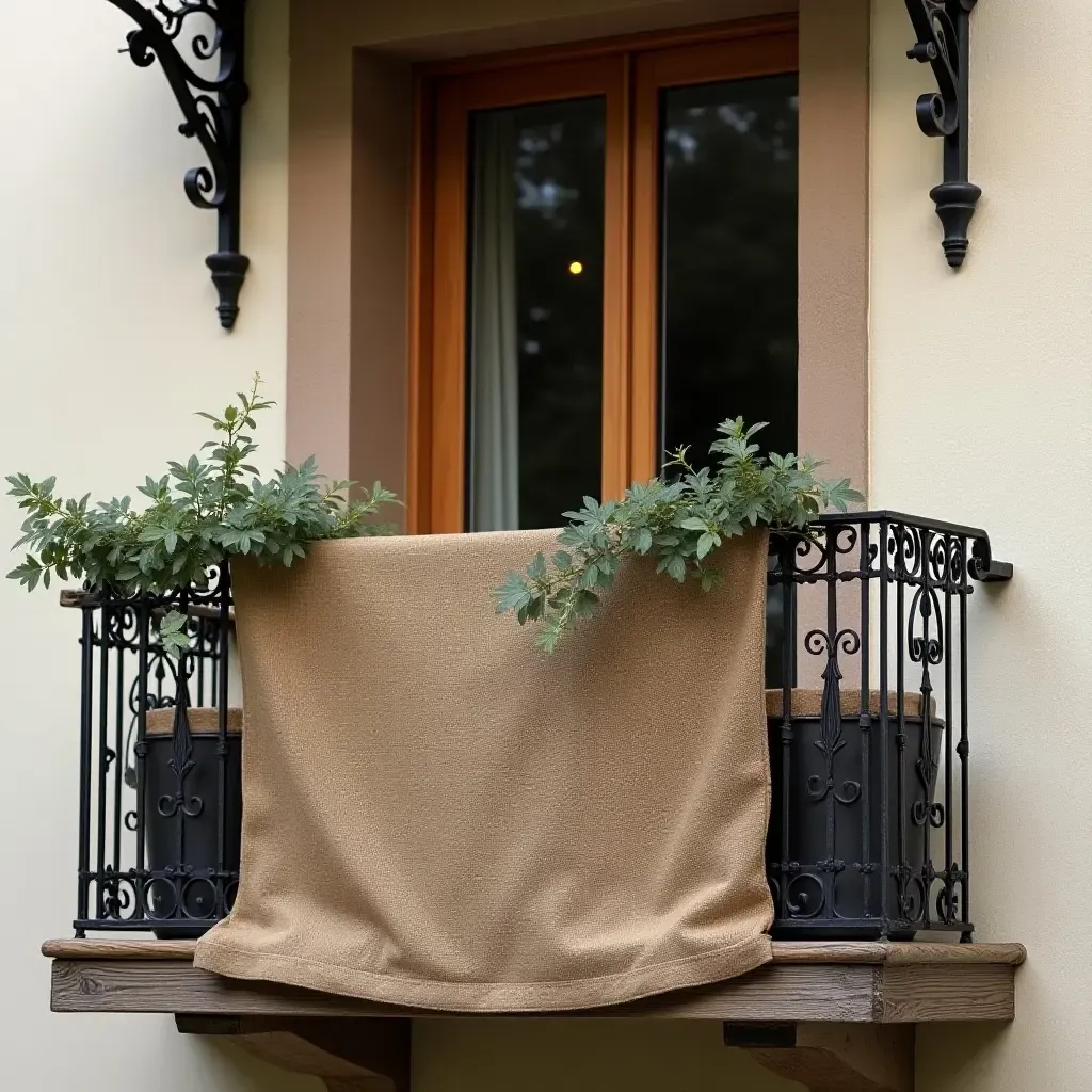 a photo of a rustic balcony featuring burlap fabric, reclaimed wood, and wrought iron metal