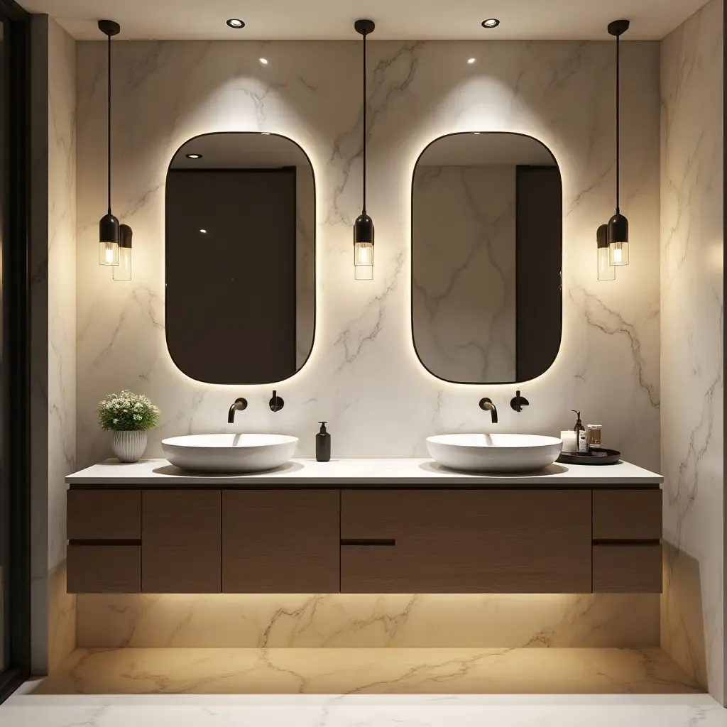 a photo of a modern bathroom with vintage accents and contemporary lighting