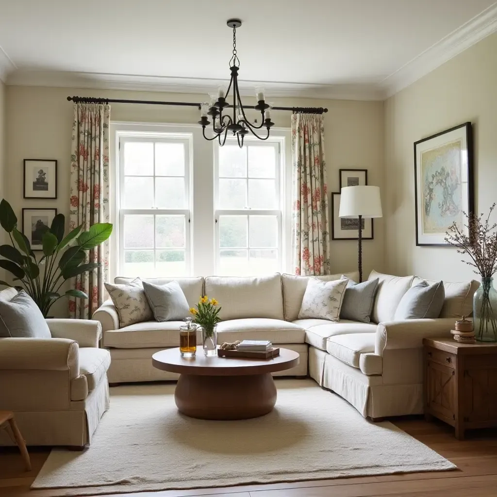 a photo of a vintage-inspired living room with floral patterns and farmhouse decor