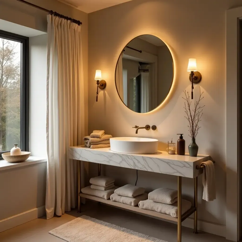 a photo of a cozy bathroom vanity featuring soft textiles and warm lighting