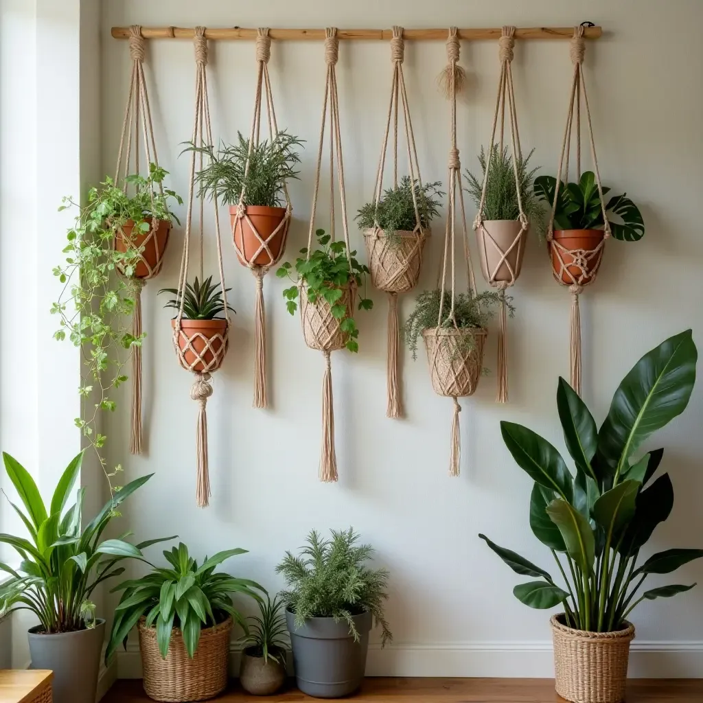 a photo of a bohemian-inspired garden wall with macramé plant hangers