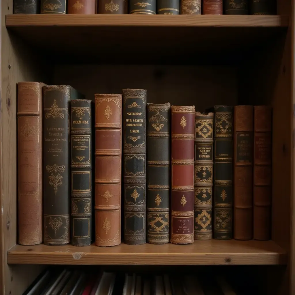 a photo of a collection of antique books on a hallway shelf